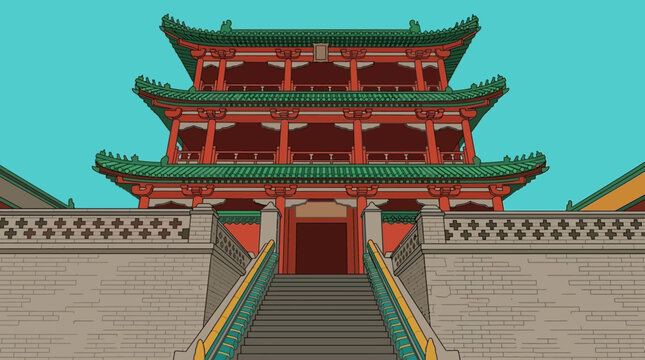 Ilustraci&oacute;n vectorial de un templo tradicional chino con arquitectura cl&aacute;sica, techos verdes de tejas, columnas rojas y una gran escalinata de piedra en un entorno hist&oacute;rico y cultural.