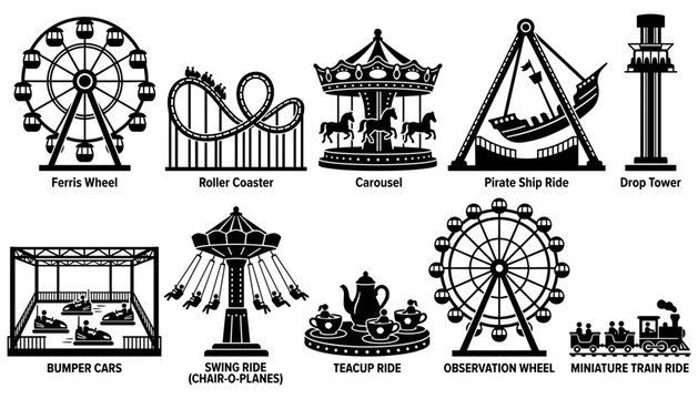 Amusement park rides icons set with amusement ferris wheel and roller coaster