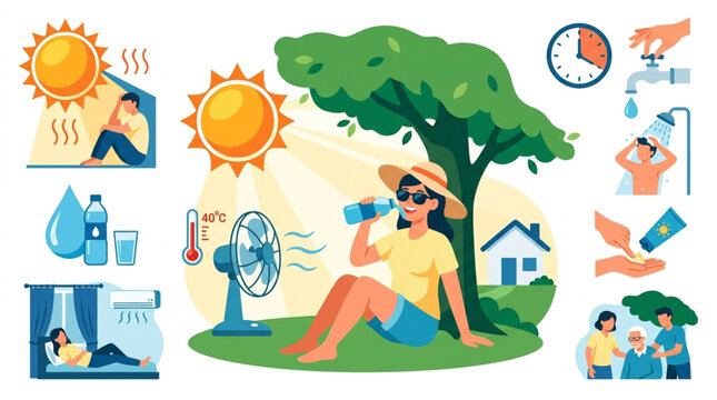 Woman drinking water under a tree while fan blows, illustrating heatwave precautions with various icons showing sun, water, AC, and shower on a bright summer day