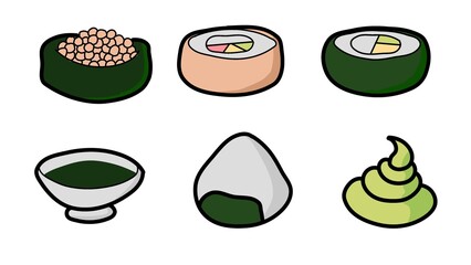 Cute hand-drawn sushi illustration set featuring maki rolls, ikura gunkan, onigiri rice ball, wasabi, and soy sauce. Perfect Japanese cuisine vector clip art for menus, stickers, and food designs. © Isti
