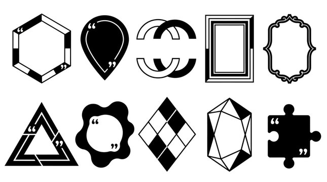 Colecci&oacute;n de marcos y burbujas de di&aacute;logo con iconos de comillas en estilo minimalista blanco y negro para dise&ntilde;o gr&aacute;fico, infograf&iacute;as y elementos de interfaz de usuario.