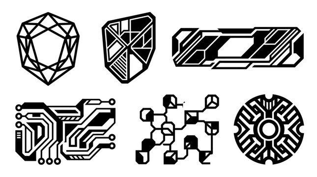 Conjunto de iconos vectoriales abstractos con dise&ntilde;os geom&eacute;tricos, patrones de circuitos electr&oacute;nicos y formas futuristas en blanco y negro sobre fondo blanco para dise&ntilde;o gr&aacute;fico.