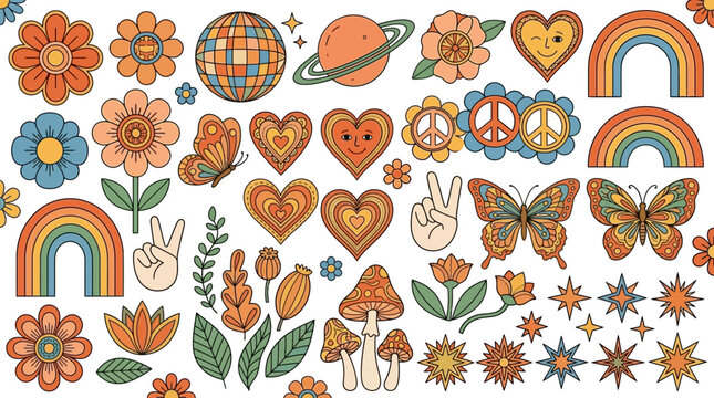 Set di adesivi in stile retr&ograve; anni settanta con fiori colorati, arcobaleni, farfalle, cuori, pianeti, funghi e simboli di pace isolati su sfondo bianco per design creativi