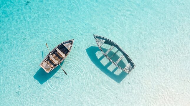 Two wooden rowing boats floating on crystal clear turquoise tropical sea water top aerial view as.