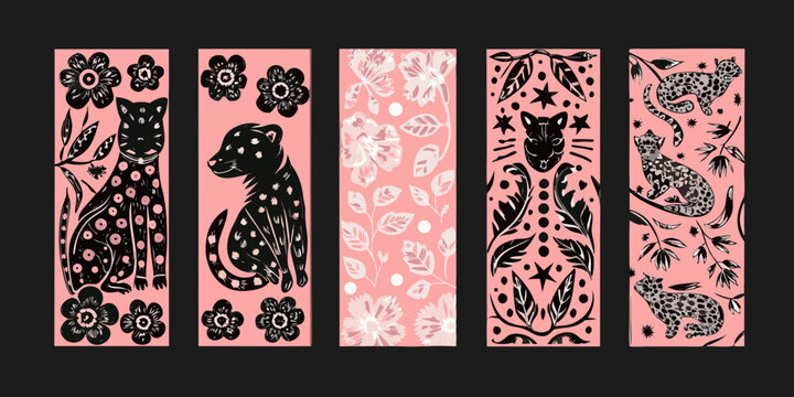Floral and animal patterned rectangular panels on a dark background