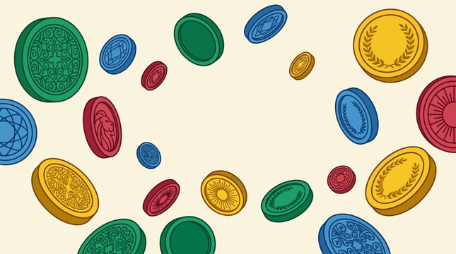 Illustrazione vettoriale di monete colorate fluttuanti con motivi decorativi su sfondo chiaro, ideale per concetti di risparmio, finanza, gioco d'azzardo o design grafico creativo.