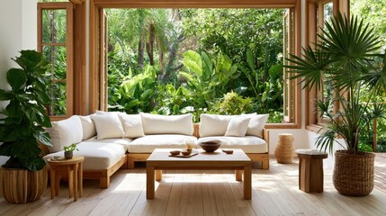Fototapeta premium Bright Living Room with Large Open Windows and Lush Green Outdoor Scenery