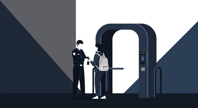 Security Guard Checking Backpack at Entrance Archway Entrance Scan