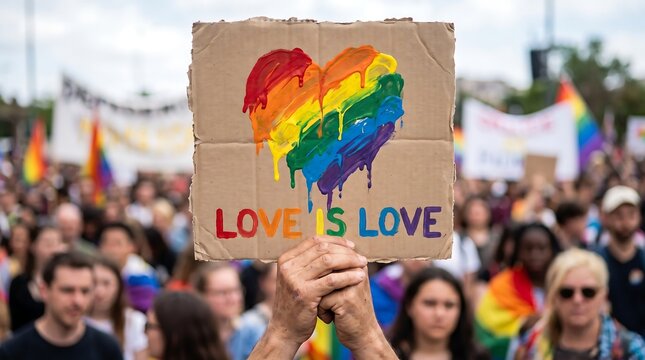 Hands holding cardboard sign with rainbow heart and text love is love during pride parade crowd.