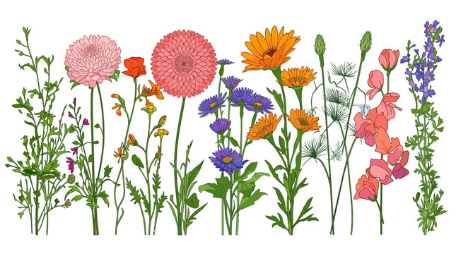 Illustrazione botanica dettagliata di un assortimento di fiori di campo colorati e piante primaverili disposti su uno sfondo bianco pulito, ideale per design floreali e decorazioni.