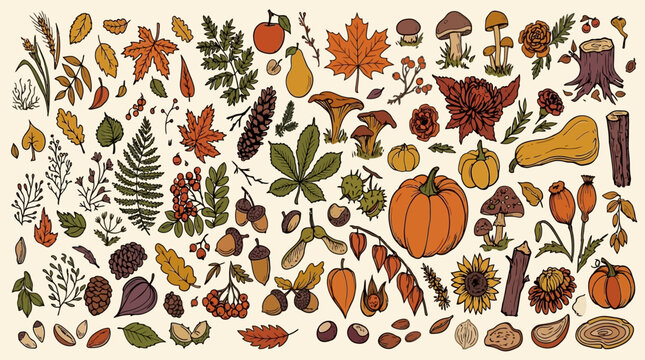 Conjunto de ilustraciones dibujadas a mano con elementos de oto&ntilde;o, incluyendo hojas, calabazas, setas, bellotas y pi&ntilde;as en un estilo art&iacute;stico detallado sobre fondo claro.