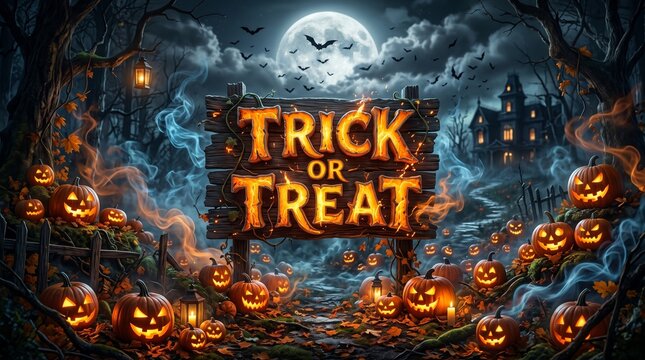 Spooky halloween night with trick or treat sign and glowing pumpkins