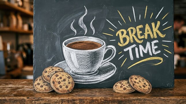 Break time concept with chalkboard coffee cup and cookies on wooden table