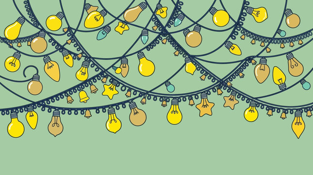 Ilustraci&oacute;n vectorial de guirnaldas de luces festivas colgantes con bombillas de colores y formas de estrellas sobre un fondo verde suave para celebraciones y eventos