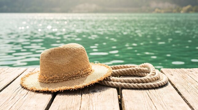 Straw hat and coiled rope resting on weathered wooden pier by sparkling green alpine lake waters.