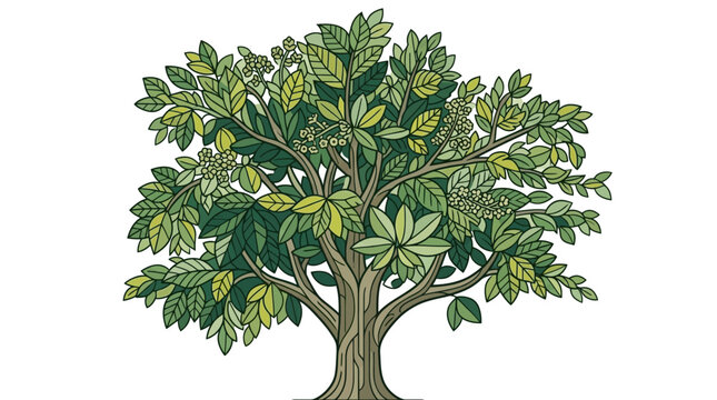 Illustrazione vettoriale di un albero rigoglioso con chioma folta e dettagliata, caratterizzato da un tronco robusto e foglie verdi sfumate, isolato su sfondo bianco per design grafico.