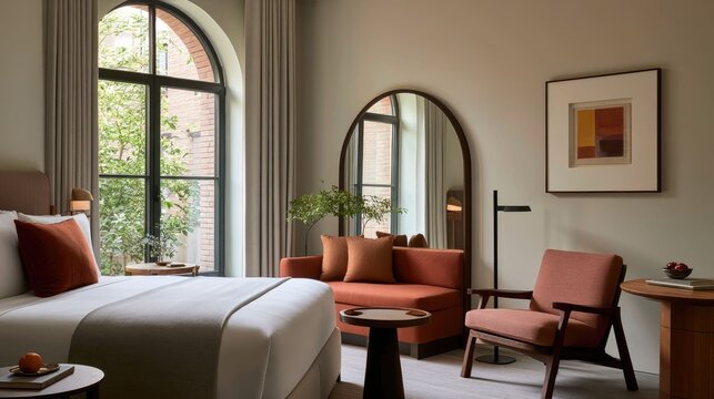 Modern Hotel Room with Large Windows, Cozy Sofa, and Elegant Decor