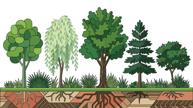 Ilustraci&oacute;n vectorial de un conjunto de diversos &aacute;rboles con sus sistemas de ra&iacute;ces visibles bajo tierra, mostrando diferentes especies de &aacute;rboles y texturas de suelo sobre un fondo blanco aislado.