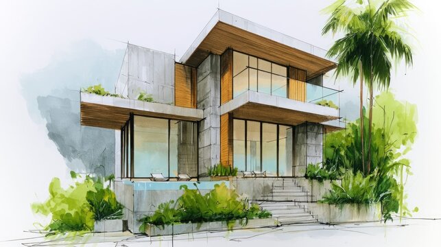 Modern multi-story house with large glass windows, wooden accents, and tropical landscape design