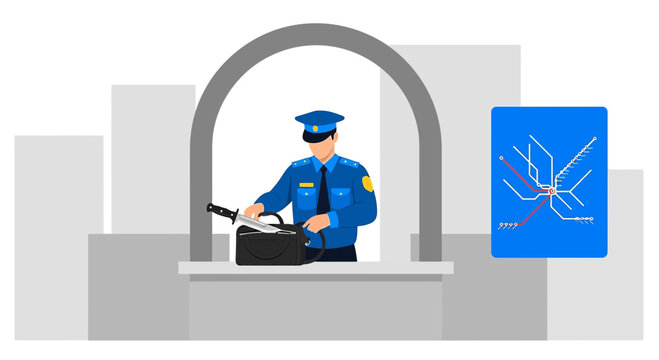 Security guard checks bag at metro station entrance with map icon