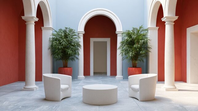 Elegant Courtyard with Architectural Columns and Arched Doorways in Bright Colors