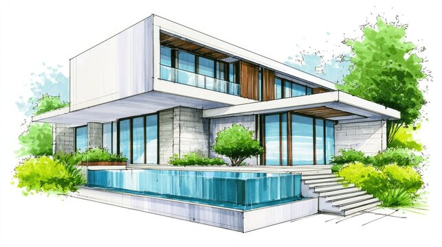Modern contemporary two-story house with large pool and lush garden design