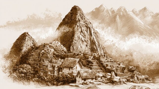 Historic Mountain Village with Terraced Buildings and Tower in Mountain Landscape