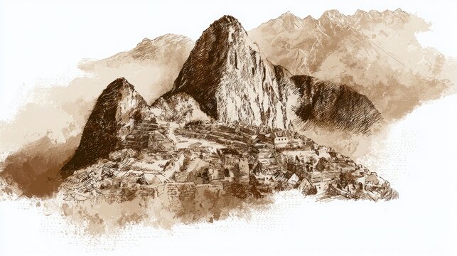 Sepia-toned Landscape Illustration of Mountain with Village and Cliffs in Background