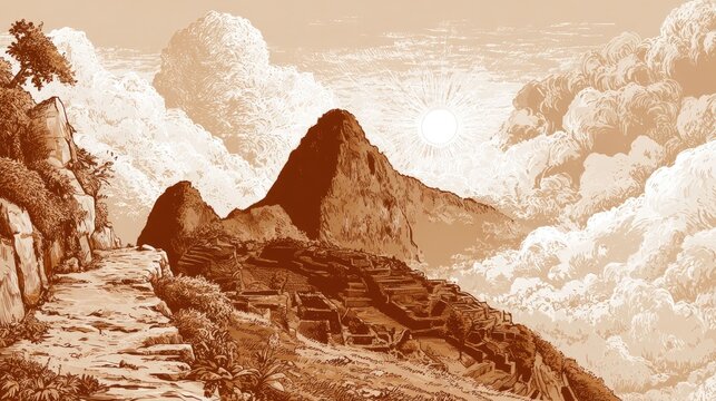 Historic Mountain Landscape with Ancient Ruins and Dramatic Sky Scene