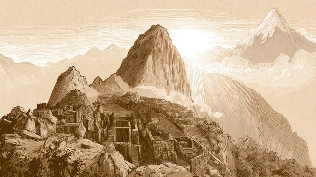Ancient Mountain Village with Terraces and Sunlight Shining Over Peaks