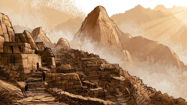 Breathtaking Mountain Landscape with Stepped Rocky Cliffs and Misty Atmosphere