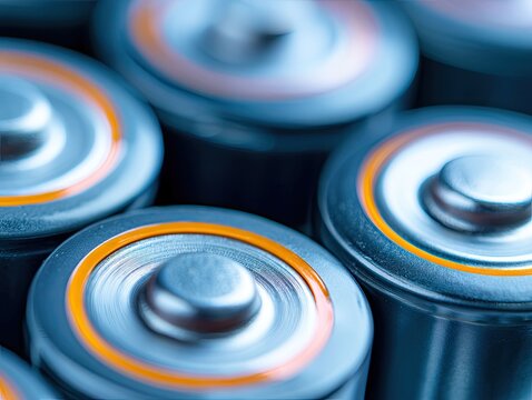 Close-up of AA batteries with metallic tops and orange rings, multiple batteries arranged tightly