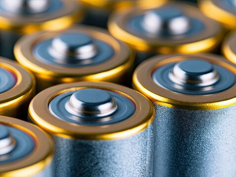 Close-up of AA alkaline batteries arranged in a group showing metallic tops and cylindrical shapes