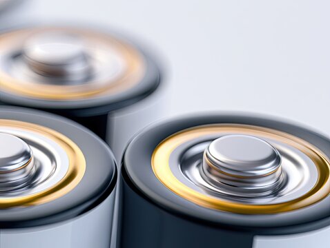 Close-up of AA batteries with metallic surfaces and gold accents, isolated on white background