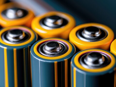 Close-up of colorful alkaline batteries arranged in a group with reflective metallic tops