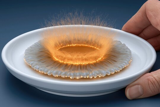 Drop of liquid metal burning on a white ceramic plate with a flame effect close-up
