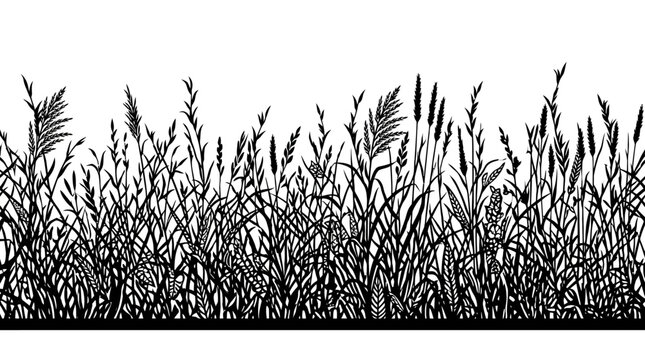 Ilustraci&oacute;n vectorial de una silueta de hierba silvestre y plantas de pradera sobre un fondo blanco aislado, perfecta para bordes decorativos, dise&ntilde;o gr&aacute;fico y proyectos de naturaleza.