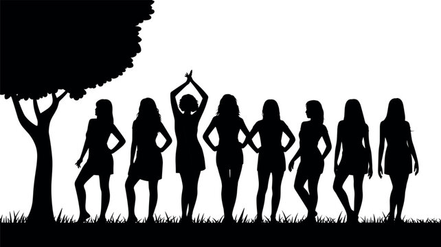 Silhouette illustration of a diverse group of women standing together in a park near a tree.