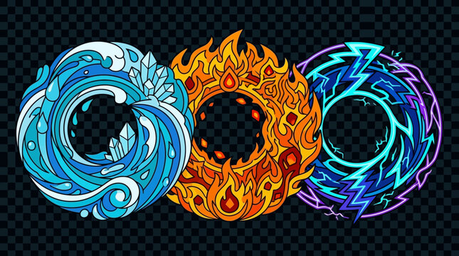 Ilustraci&oacute;n vectorial de tres elementos m&aacute;gicos circulares que representan el agua con cristales, el fuego ardiente y la energ&iacute;a el&eacute;ctrica del rayo sobre un fondo oscuro transparente.