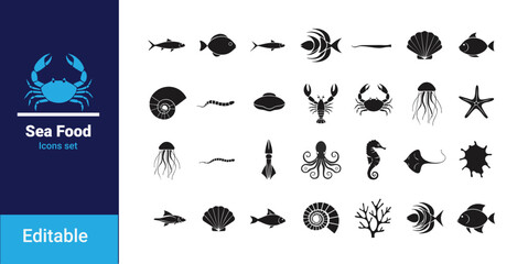 Marine ocean icon set with fish crab octopus dolphin shark shells and coral elements, blue silhouette vector collection © GraphicRiver99