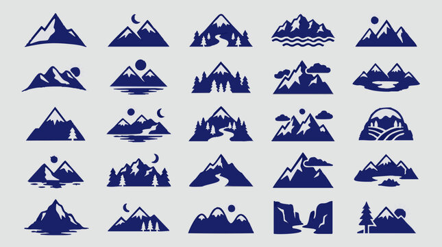 Collection of stylized blue mountain and nature landscape vector icons
