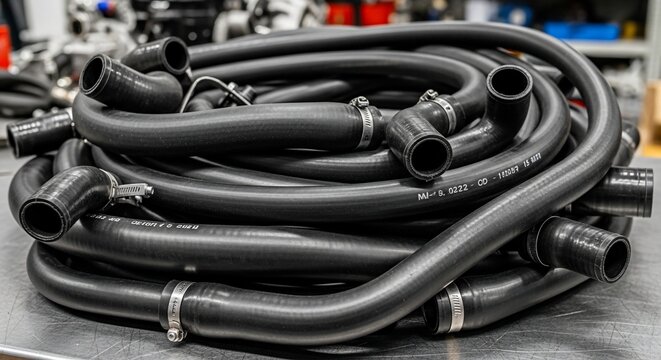 Black rubber hoses with metal fittings for industrial applications