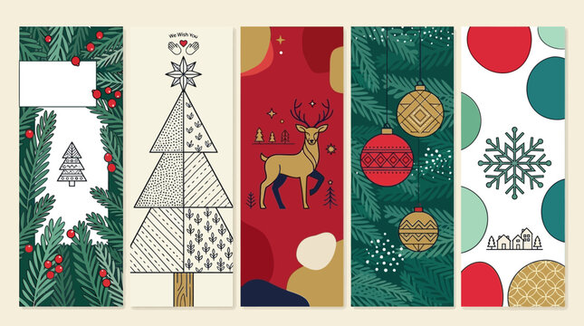 Set di cinque banner verticali per Natale con illustrazioni stilizzate di alberi, renne, fiocchi di neve e decorazioni festive in uno stile grafico moderno e colorato