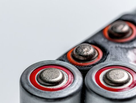 Close-up of rechargeable batteries with metallic contacts and red insulation rings