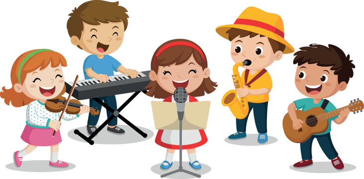 Happy children performing music together as a band playing various instruments and singing isolated on white background
