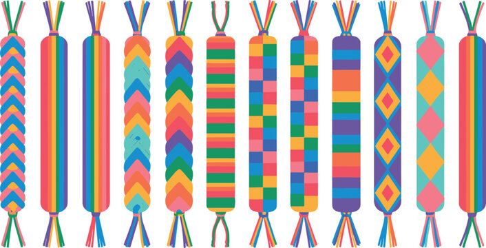 Colorful handmade woven friendship bracelets collection with various geometric patterns and vibrant rainbow colors isolated on white background