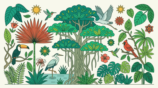 熱帯雨林の動植物を描いたフラットスタイルのイラストレーション。ガジュマルの木を中心に、オオハシ、サギ、ハチドリ、ショウジョウコウカンチョウなどの鳥類と、ヤシの葉や花々が調和した、自然と野生生物をテーマにした装飾的なデザイン。