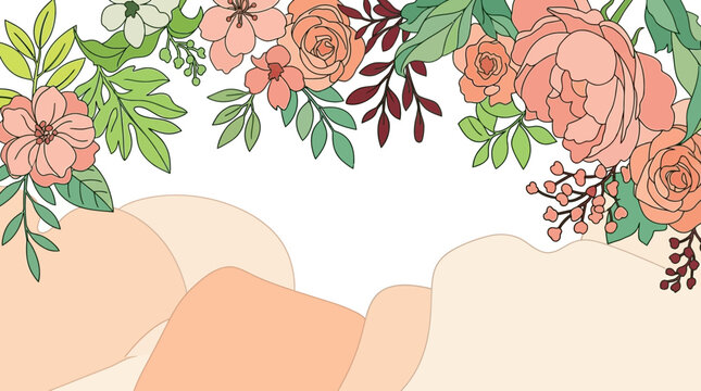 Illustrazione floreale decorativa con fiori color pesca e foglie verdi su uno sfondo astratto color crema, ideale per inviti di nozze, biglietti di auguri e design elegante.