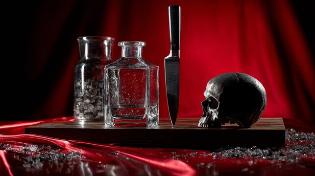 Dark Gothic Still Life with Skull and Glass Bottles