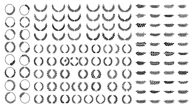 Ampia collezione di corone di alloro vettoriali, ghirlande circolari e rami decorativi in stile classico, ideali per loghi, emblemi, premi, certificati e design grafici eleganti.